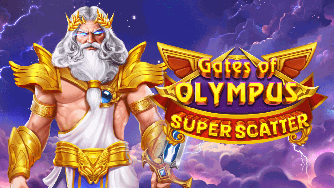 Gates of Olympus Super Scatter Gutschein-Ansicht: Zeus über goldenem Walzenrahmen mit Super-Scatter-Symbol, grünem Globus und lila Kristall auf dem sechs mal fünf Feld